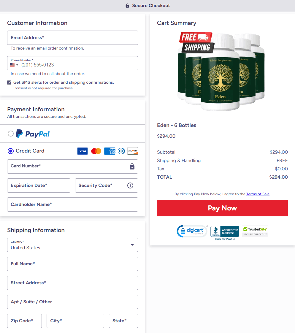 Eden Supplement Checkout page